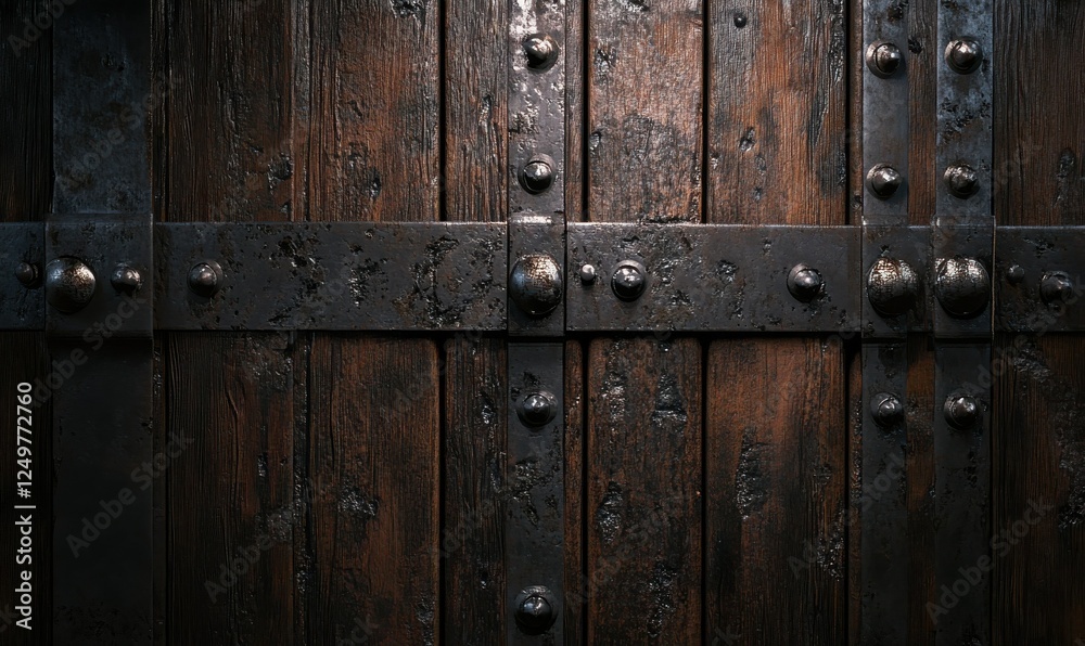 Fototapeta premium Vintage wooden door with aged metal rivets, its rustic texture telling a story of time and history, illuminated by soft natural light