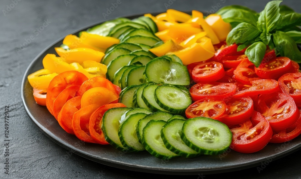 Vivid mix of sliced bell peppers, cucumbers, and cherry tomatoes arranged in a vibrant salad on a dark slate plate Vivid mix of sliced bell peppers, cucumbers, and cherry tomatoes arranged in a vibrant salad on a dark slate plate