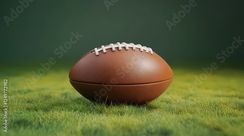American football ball, sports and competition concept, green background with grass.
