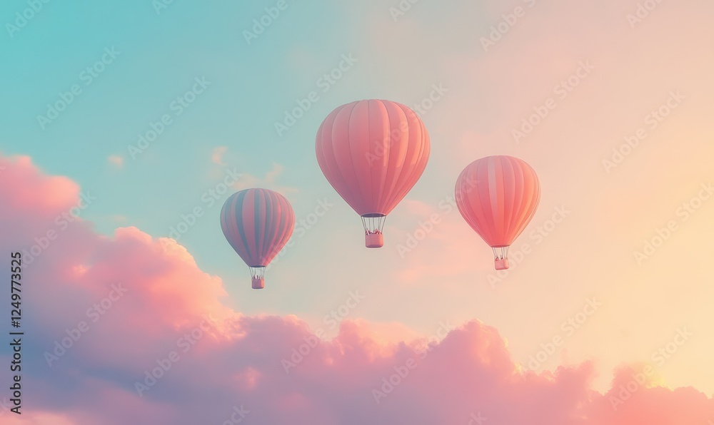 Fototapeta premium Whimsical air balloons floating in a gradient sky of pastel pinks and blues, creating a dreamy sense of adventure.