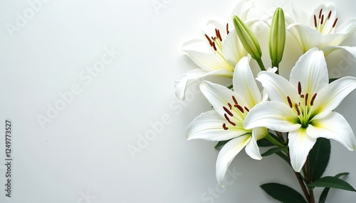 White lilies arranged in bouquet. Delicate floral arrangement perfect for condolence cards. Beautiful pure white flowers ideal for sympathy cards memorial events. Elegant composition on plain