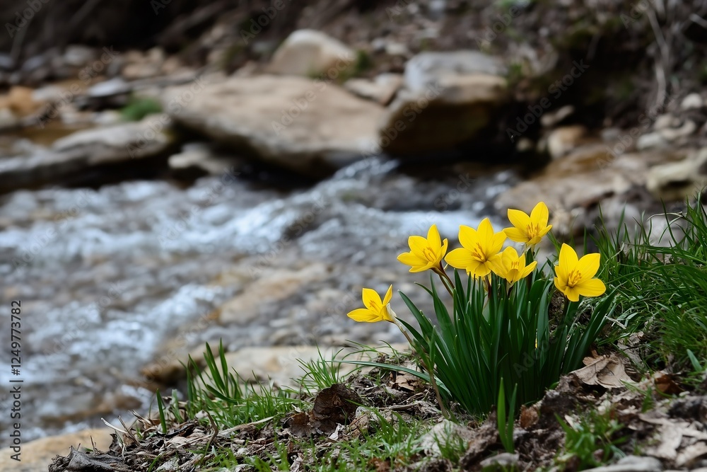 Obraz premium Yellow flowers bloom by a tranquil stream in spring