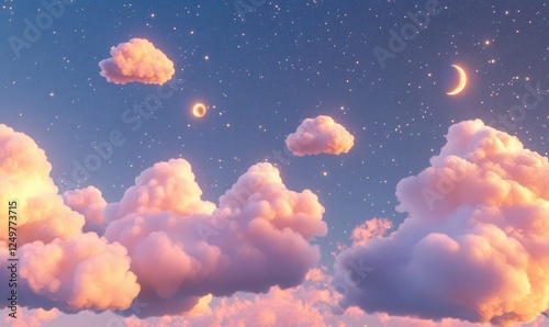 Whimsical illustrated clouds floating under a starry night sky with playful sun and moon elements in soft pastel tones.