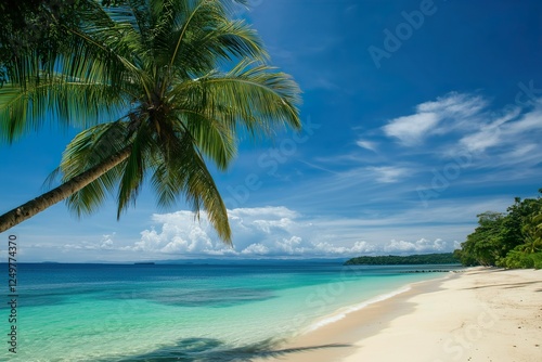 Serenity on the beach with palm trees under a blue sky