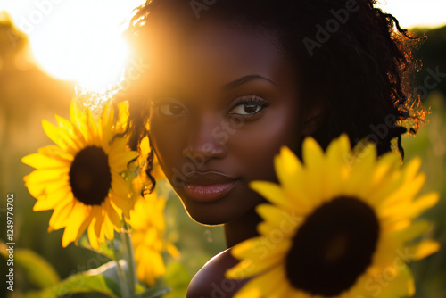 Beautiful woman among sunflowers at sunset