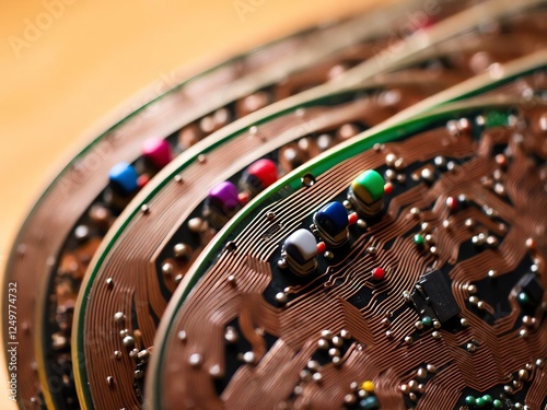 an image of a close up of a circuit board with pins, there are many beads on a circuit board with a green handle photo