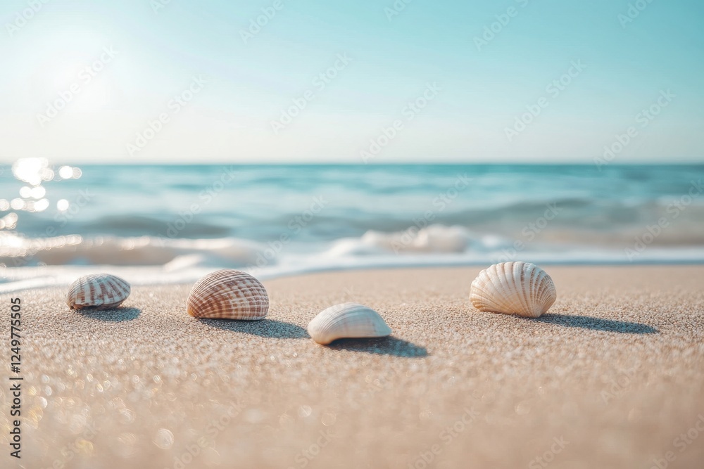 Obraz premium Tranquil beach setting with seashells on golden sand, gentle waves lapping in the background under a clear blue sky, evoking calm and relaxation