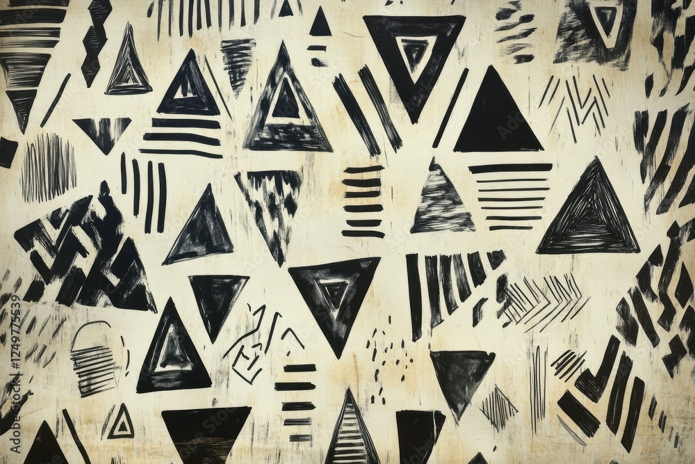 Fototapeta premium Dynamic abstract pattern featuring black triangles and lines on a textured background, creating a bold and modern visual impact