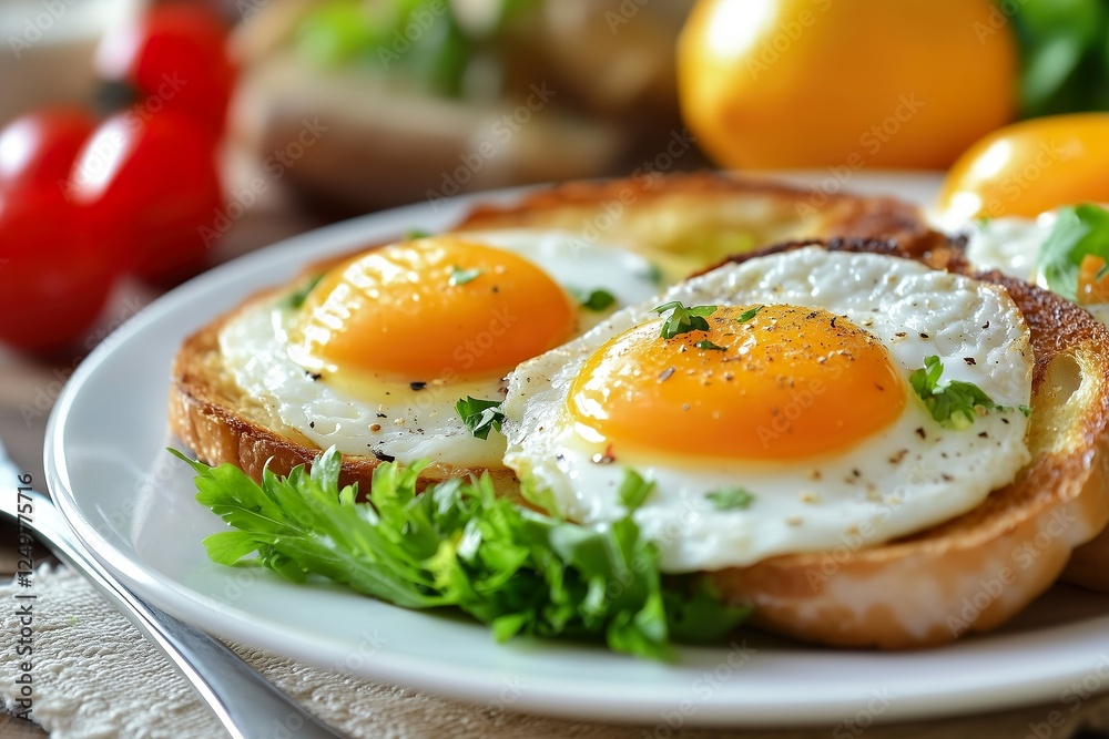 Delicious breakfast with fried eggs and toast served fresh Delicious breakfast with fried eggs and toast served fresh