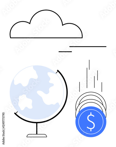 Globe on a stand, stack of blue coins, and cloud outline with lines. Ideal for cloud computing, global finance, online banking, digital economy, international business, financial technology economic
