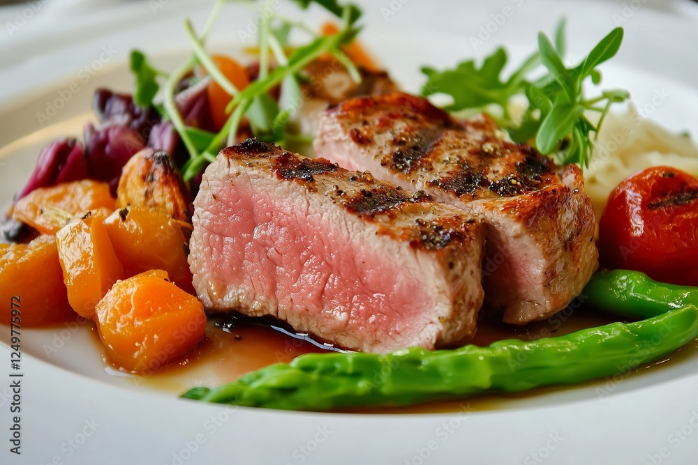 Grilled steak served with vegetables and sauce on plate Grilled steak served with vegetables and sauce on plate
