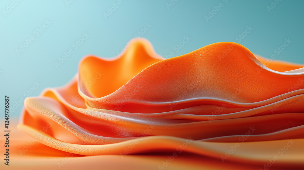 Obraz premium Textured orange fabric draping elegantly to create a wavy surface against a soft blue background
