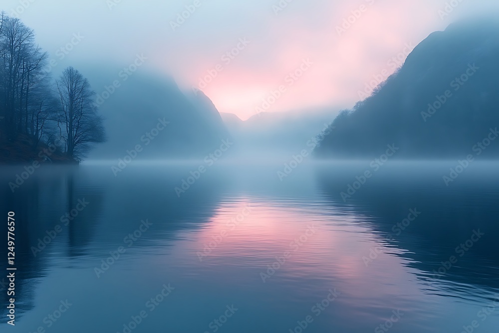 Fototapeta premium A misty lake at sunrise with mountains in the background