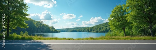 Empty asphalt road stretches beside tranquil lake surrounded by green trees under vibrant blue sky. Scenic summer landscape offers perfect natural background for product display. Ideal for travel