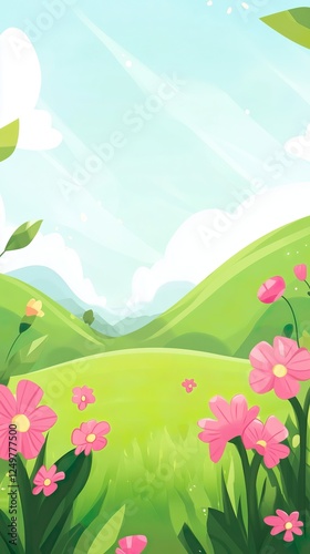 Bright spring landscape with colorful flowers and hills, cartoon