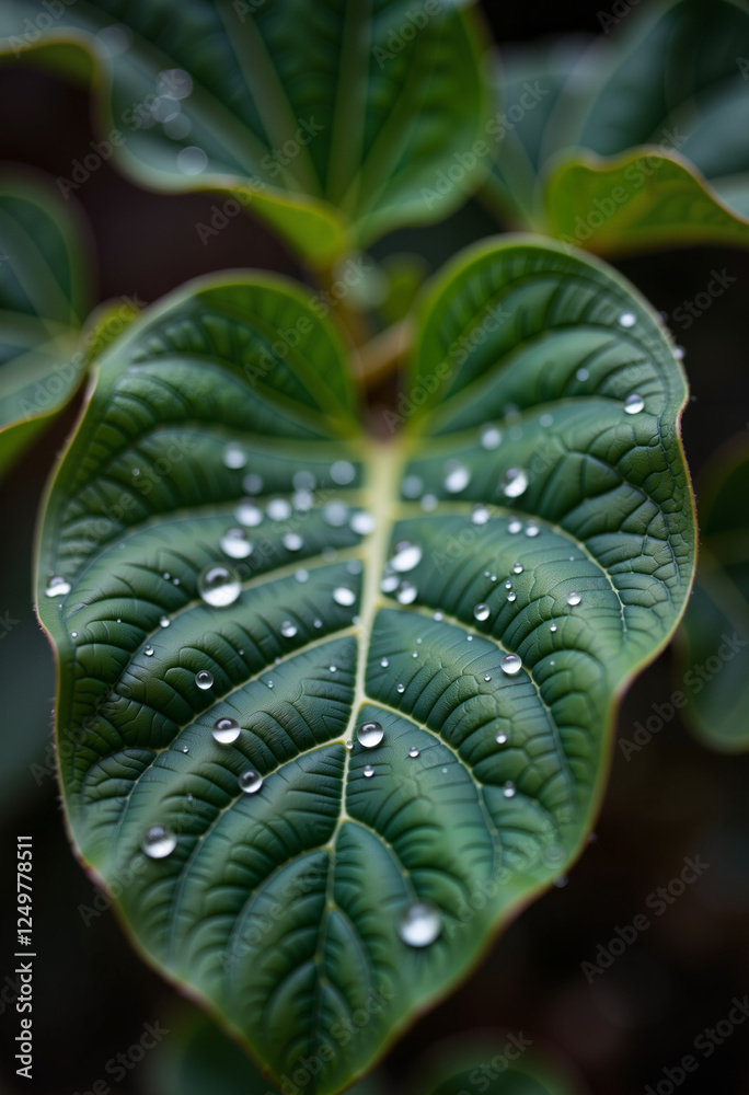 Obraz premium Dew-covered leaf showcasing intricate veins and droplets, nature's beauty