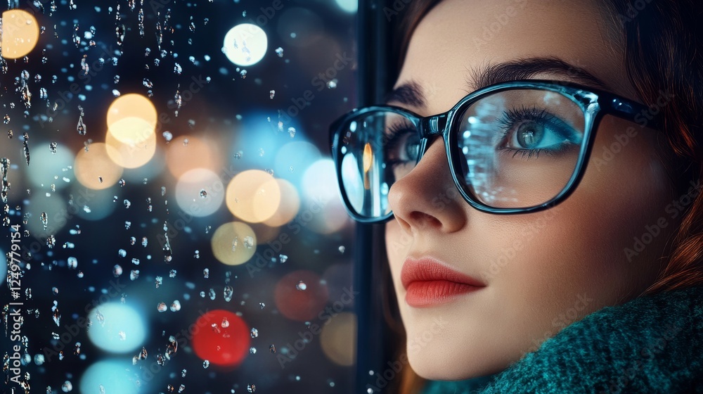 Young woman gazes out the window, captivated by the rain and city lights in the evening