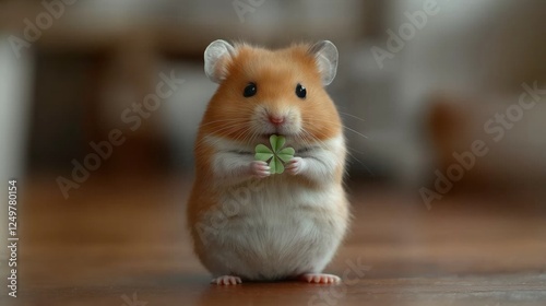 A tiny golden hamster stands on its hind legs, delicately holding a small green four-leaf clover. The blurred background adds warmth and depth, creating a sense of luck and charm photo