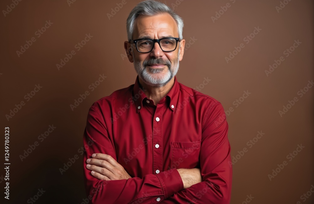 Mature man with gray hair, glasses smiles confidently. Wears red shirt, arms crossed. Studio portrait captures happy, professional man. Casual attire with touch of elegance. Suitable for business Mature man with gray hair, glasses smiles confidently. Wears red shirt, arms crossed. Studio portrait captures happy, professional man. Casual attire with touch of elegance. Suitable for business