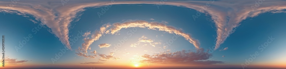 Sunset sky panorama shows various clouds in 360-degree view. Cloudscape with soft light. Suitable for 3D graphics or game environment. Scenic view from drone. High quality image. Sunset sky panorama shows various clouds in 360-degree view. Cloudscape with soft light. Suitable for 3D graphics or game environment. Scenic view from drone. High quality image.