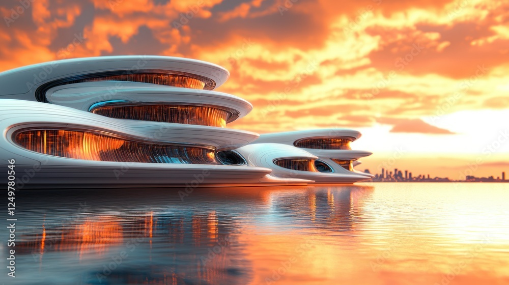 Obraz premium Futuristic floating homes at sunset over city skyline
