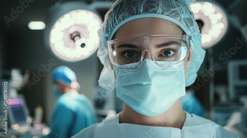 female surgeon wearing a surgical mask posing at work at a surgery room looking at the camera photo