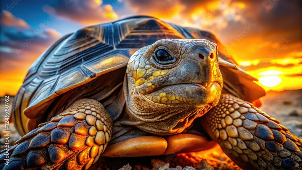 Naklejka premium Sun-drenched tortoise, shell textured, eyes intense, sharp focus.
