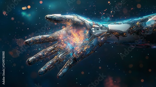 Concept of Robotic Hand Generating Energy Sparks in a Futuristic Setting
