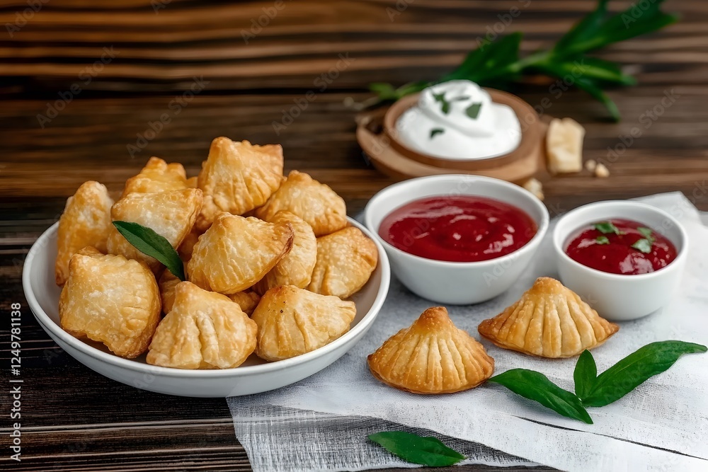 Golden Baked Empanadas: A delectable array of golden-brown baked empanadas, arranged artfully on a rustic wooden surface, alongside creamy dips and vibrant sauces. Golden Baked Empanadas: A delectable array of golden-brown baked empanadas, arranged artfully on a rustic wooden surface, alongside creamy dips and vibrant sauces.