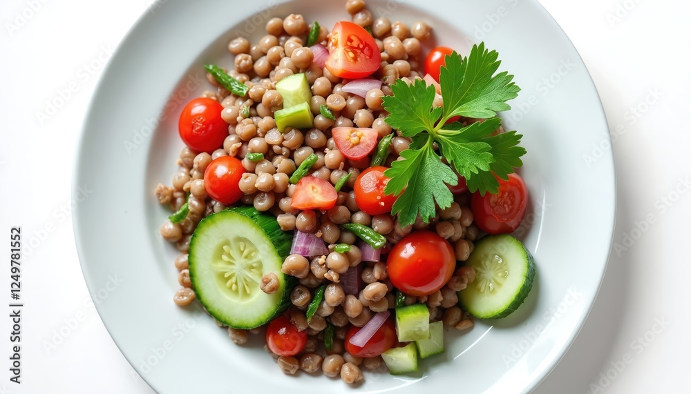 Fresh lentil salad garnished with chopped tomatoes cucumbers, parsley on white plate. Healthy, colorful dish perfect for lunch dinner. Vegan, vegetarian friendly option. Delicious, nutritious meal. Fresh lentil salad garnished with chopped tomatoes cucumbers, parsley on white plate. Healthy, colorful dish perfect for lunch dinner. Vegan, vegetarian friendly option. Delicious, nutritious meal.
