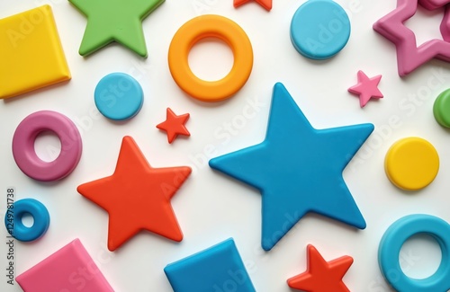 Colorful plasticine shapes arranged on white background. Geometric shapes like stars circles, squares create vibrant, cheerful design. Playful display of colours ideal for kids educational