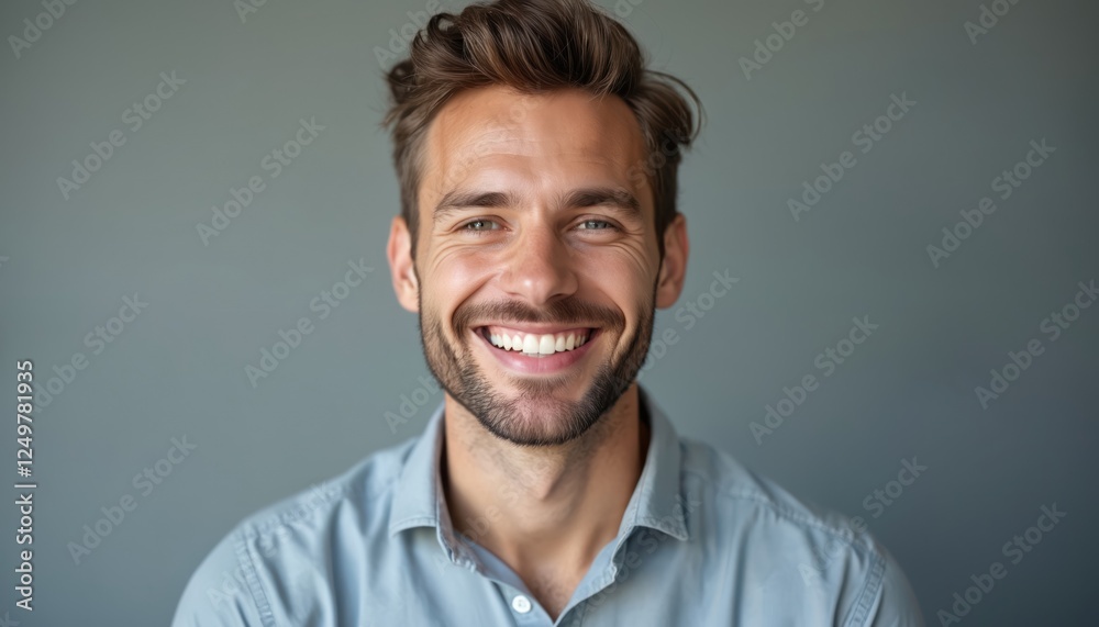 Man with great smile on gray backdrop. Young man in casual attire smiles warmly. Studio shot close-up. Photo shows happiness, confidence. Photogenic person with great teeth. Possible topic for