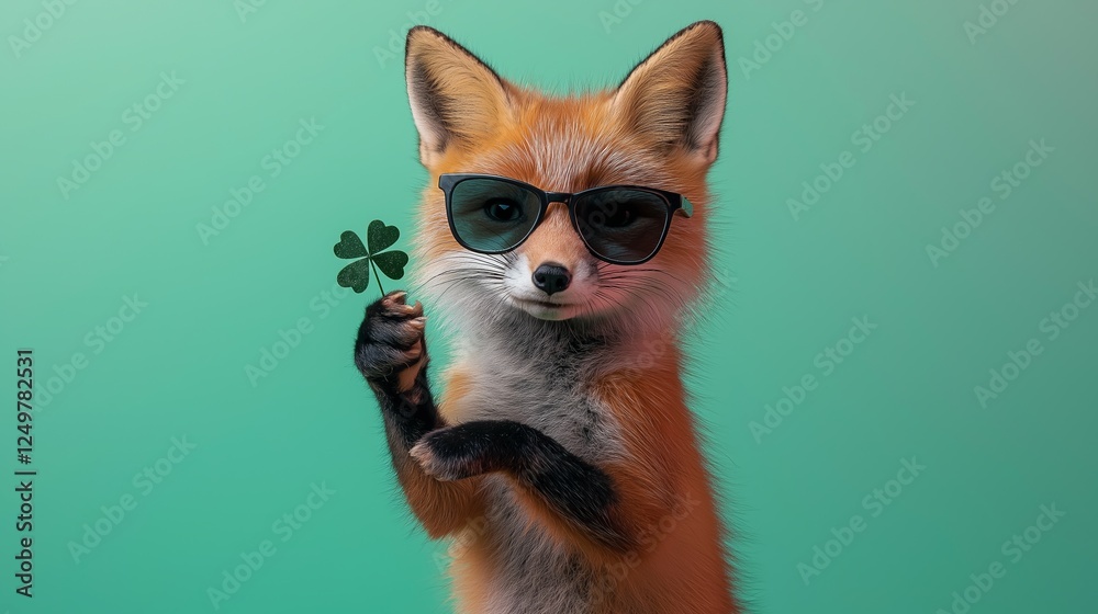 Obraz premium A cheerful red fox proudly holds a lucky four-leaf clover while wearing stylish sunglasses. The fox’s playful expression and upright posture, Irish St. Patrick day