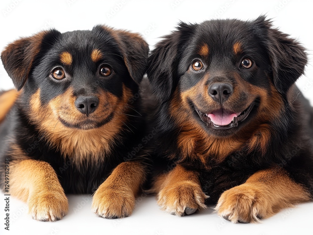 Two adorable dogs resting side by side, showcasing their friendly expressions. Two adorable dogs resting side by side, showcasing their friendly expressions.