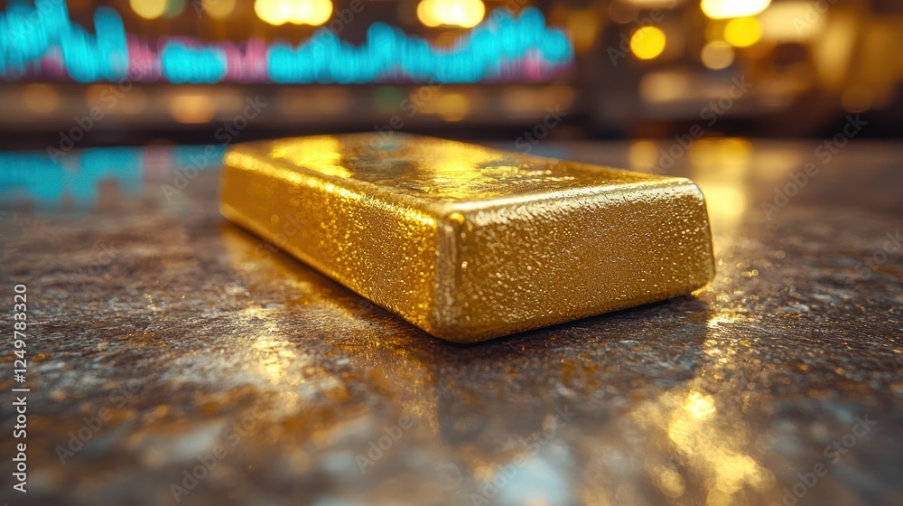 Gold bar on a countertop, financial data in the background Gold bar on a countertop, financial data in the background