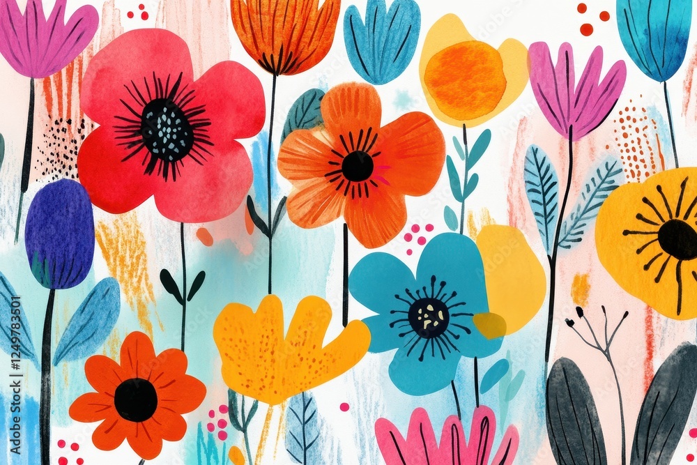 Fototapeta premium Brightly colored flowers and leaves create a lively pattern, featuring red, orange, blue, and yellow blooms against a dynamic background