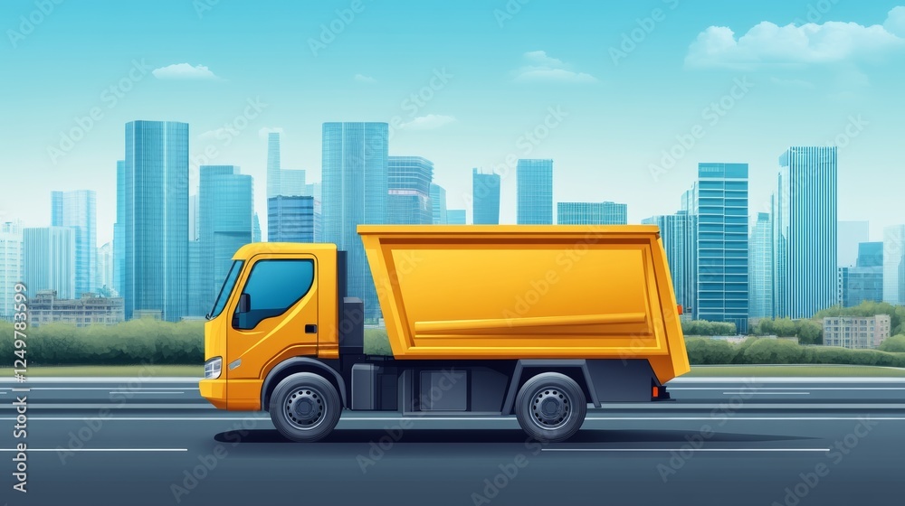 Naklejka premium Yellow dump truck traveling along a city road with modern skyscrapers under a bright blue sky