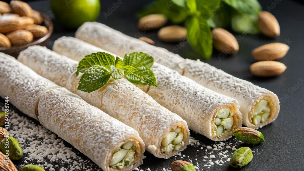 Delicious dessert rolls filled with nuts and sweetness on a dark table with fresh ingredients and mint