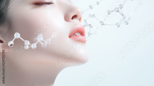 Skincare Science:  A close-up portrait of a woman's face, glowing with natural beauty, is adorned with intricate, ethereal molecular structures.