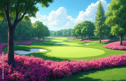 Green golf fairways lined with vibrant pink azaleas. Scenic course under clear blue sky. Beautiful nature, sport. Relaxing, luxurious landscape. Springtime in south. Greener grass, flora. Majestic
