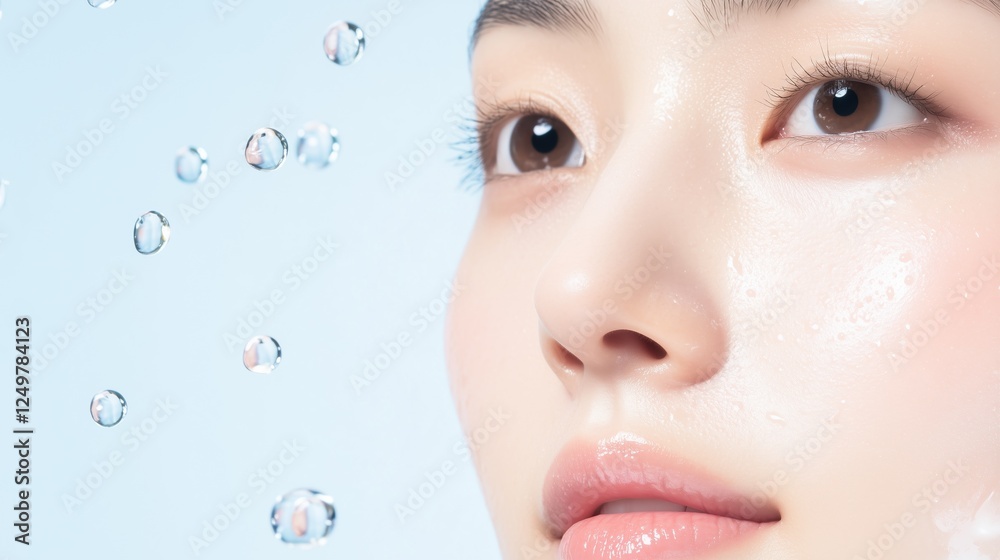Hydration Glow: Close-up of a young woman's face with water droplets falling around her, emphasizing her radiant, healthy skin and the refreshing feeling of hydration. Hydration Glow: Close-up of a young woman's face with water droplets falling around her, emphasizing her radiant, healthy skin and the refreshing feeling of hydration.