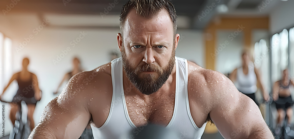 Fototapeta premium Intense cycling workout in modern gym during early morning fitness class with focused participants