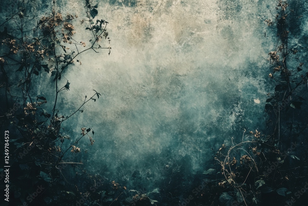 Obraz premium Aged concrete wall features climbing plants with dried leaves, creating a rustic and textured backdrop with a moody atmosphere