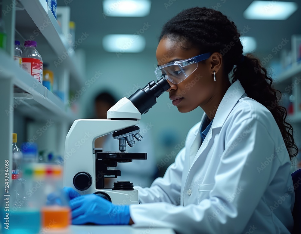 Focused black female scientist examines microscope in bio lab. Performs research analysis with lab equipment. Modern tech in pro lab setting. Dedicated employee works in healthcare pharmaceutical Focused black female scientist examines microscope in bio lab. Performs research analysis with lab equipment. Modern tech in pro lab setting. Dedicated employee works in healthcare pharmaceutical