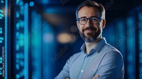 Confident IT professional in a data center with glowing blue servers