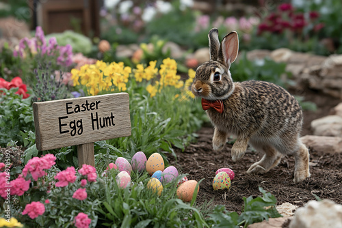 Happy Easter playful bunny with a bow tie at an Easter egg hunt in a vibrant flower garden