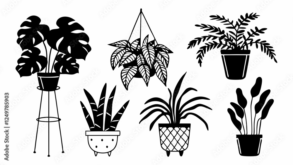 Naklejka premium Set of isolated houseplants in pots - Detailed vector illustration on white background, including monstera, ficus, sansevieria, fern, pilea and succulent