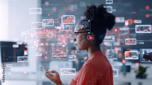 Data Driven Decisions: A focused businesswoman analyzes data displayed as virtual infographics on her smartphone, showcasing a futuristic approach to digital strategy.
