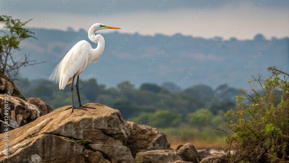 Fototapeta premium Regal Great Egret standing on a rocky outcropping surveying its surroundings with regal poise, bird species, solitary bird, bird behavior, wildlife photography, natural beauty