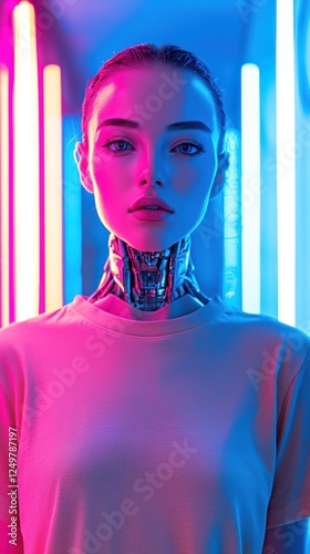 Futuristic cyber robot with halfhuman face in neon glow photo